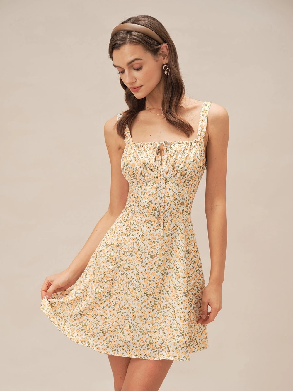 Rihoas Yellow Floral Strap Mini Dress